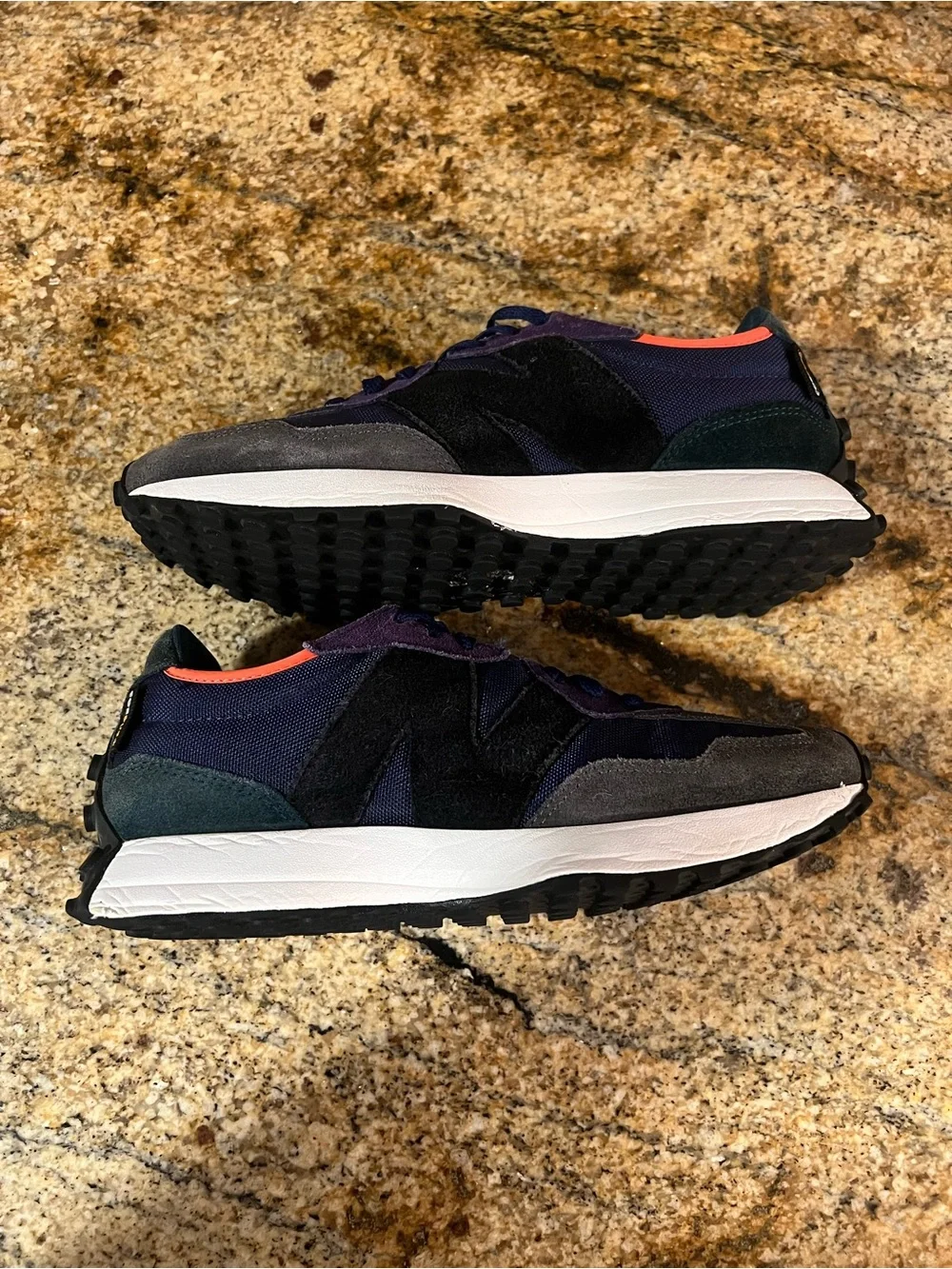 New Balance navy, gray & black sneakers with coral trim